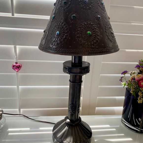 Vintage Handcrafted Mexican Punched Tin Table Lamp with Glass Marble Shade - Picture 10 of 11